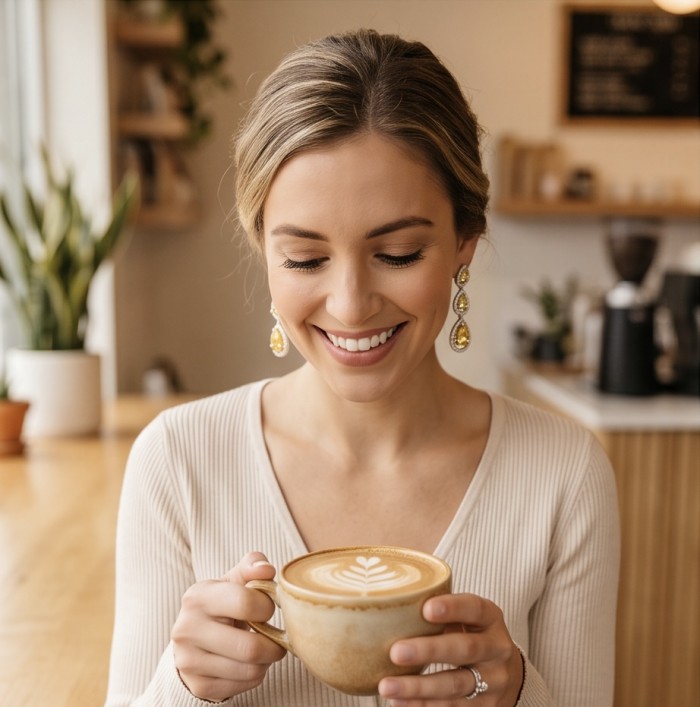 Luxurious pear cut 8.5 carat Yellow Sapphire rhodium over .925 Sterling Silver handcrafted earrings - Woman wearing luxurious yellow sapphire earrings, smiling over coffee.
