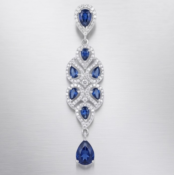 Isabella 6.8 carat natural Sapphire .925 Sterling Silver Perfectly handcrafted pendant - Isabella Sapphire drop earring front view, 6.8 ct, sterling silver.