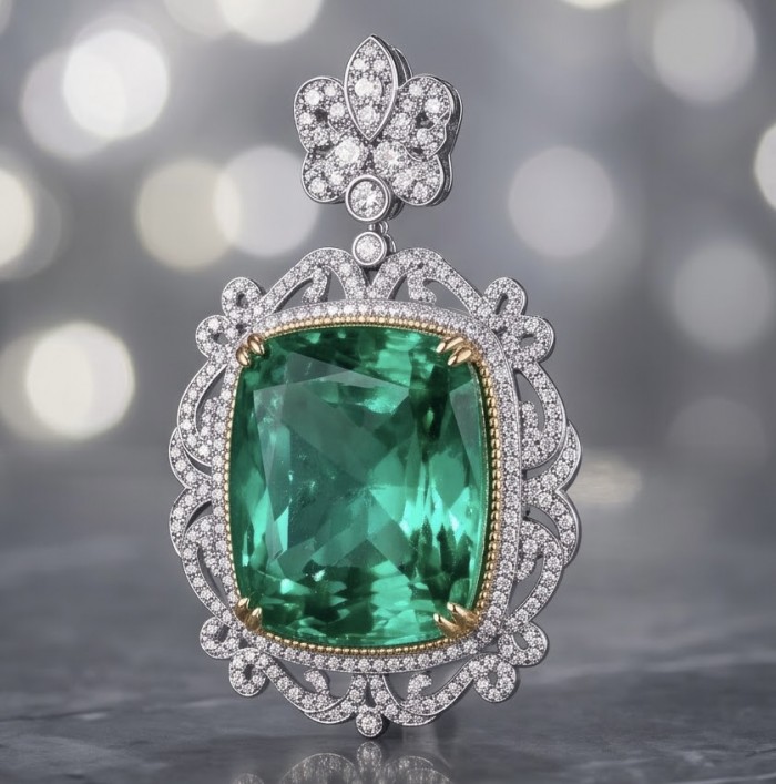 Brazilian's Briliance - emerald cut 33.7 carat Paraiba Tourmaline 2 tones .925 Sterling Silver handcrafted necklace - Close-up of emerald-cut Paraiba Tourmaline pendant with diamonds.