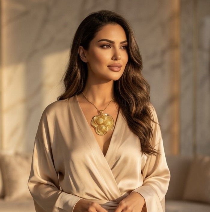 Dubai Style - Blooming Golden Rose .925 Sterling Silver dipped in 22K Gold handmade Pendant - Woman wearing Dubai Style Blooming Golden Rose necklace, front view.