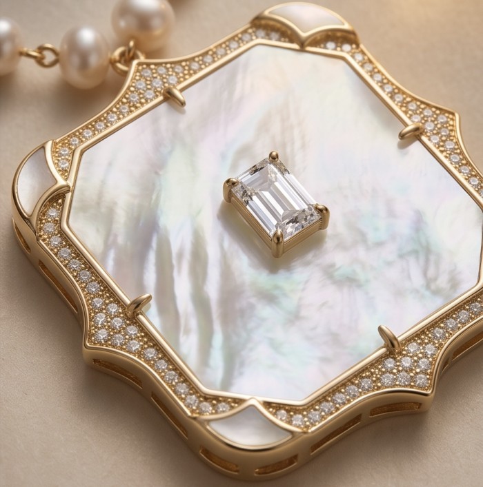 Precious natural creamy Blister Pearl 5.2 carat White Sapphire 18K Gold over .925 Sterling Silver Necklace - Stone close-up of pearl necklace with diamond and gold details