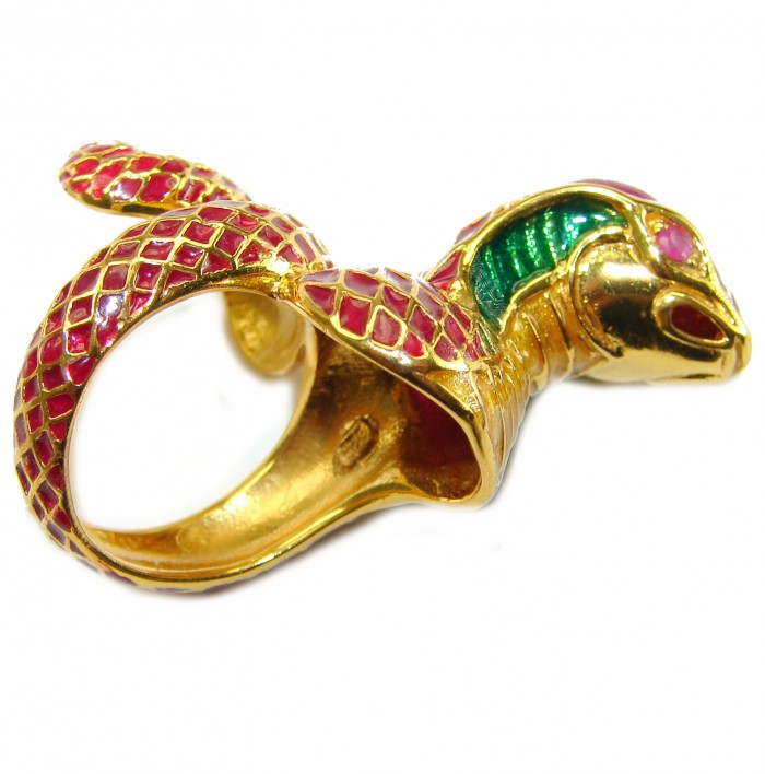 Red Cobra Snake Ruby Enamel 18K Gold over .925 Sterling Silver Huge handcrafted Ring s. 7 - photo 2