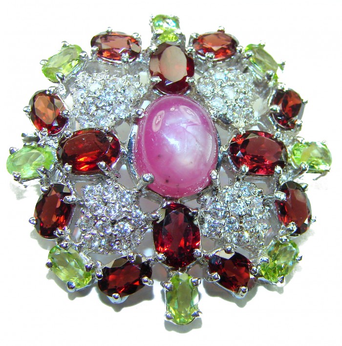 Excellent quality 5.2 carat Genuine Star Ruby .925 Sterling Silver handmade Pendant - Brooch - Top view of ornate star ruby and gemstone sterling silver brooch.
