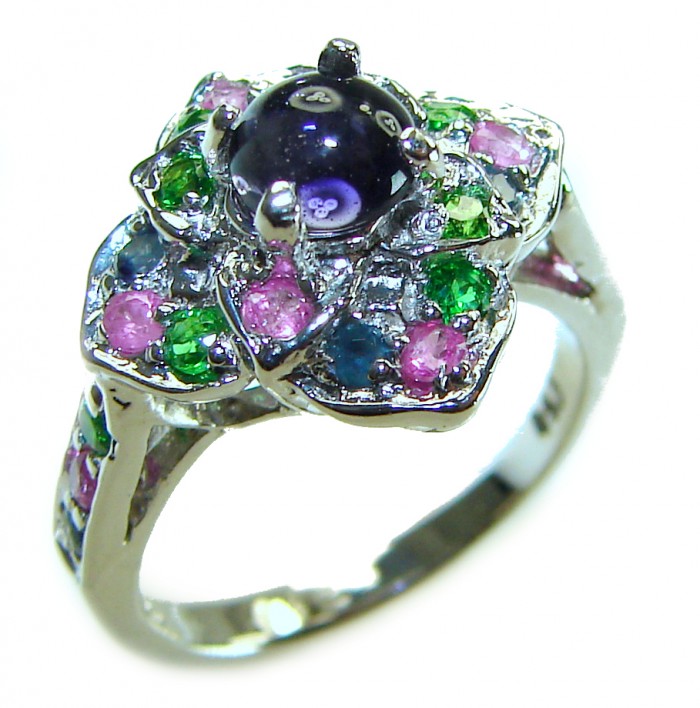 Floral design 0.5 carat AUTHENTIC Tanzanite .925 Sterling Silver Handcrafted Ring size 5 - Floral ring with tanzanite and colorful stones, close-up view