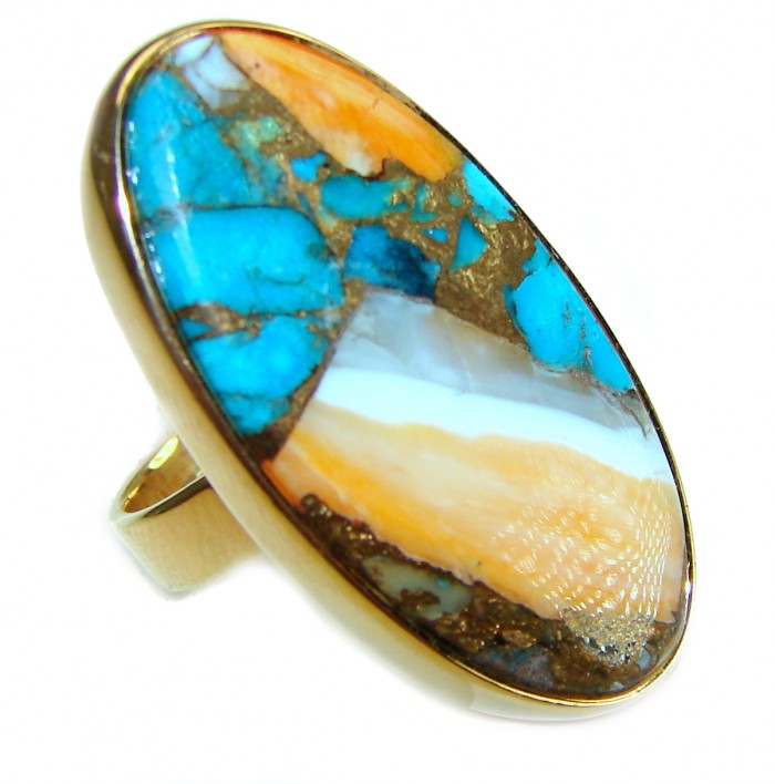 Blessed with Abundance 39.5 carat Oyster Turquoise 18K Gold over .925 Sterling Silver handcrafted Large ring; s. 8 adjustable - Close-up of 39.5 ct oyster turquoise stone in 18K gold setting
