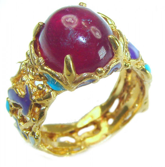 Passion 6.5 carat Ruby turquoise Enamel 18K Gold over .925 Sterling Silver Huge handcrafted Ring s. 6 - Close-up side view of ornate ruby ring with gold and enamel detailing