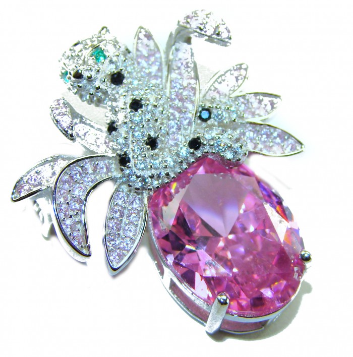 Pink Cheetah authentic 12.5 carat Swiss Blue Topaz .925 Sterling Silver Handcrafted pendant brooch - Pink Cheetah ring with pink stone and diamond accents, front angle view.