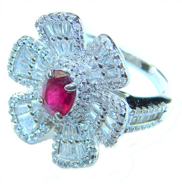 Art Deco * Natural 3.9 carat Ruby .925 Sterling Silver handmade Statement Ring size 6 1/4 - Close-up of Art Deco ruby and diamond ring in sterling silver.