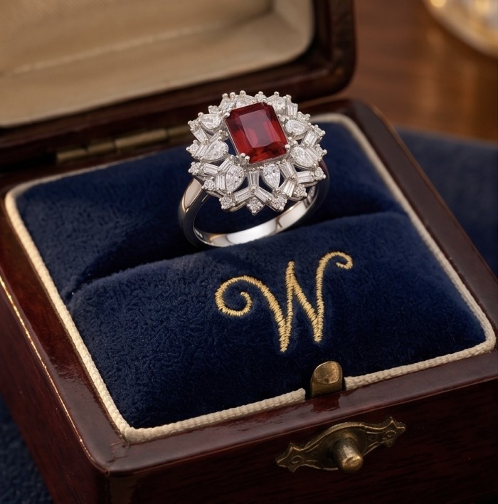 Antonia 4.5 carat Ruby .925 Sterling Silver handcrafted incredible ring s. 8 - Ruby ring in box, top view, 4.5 carat, sterling silver setting.