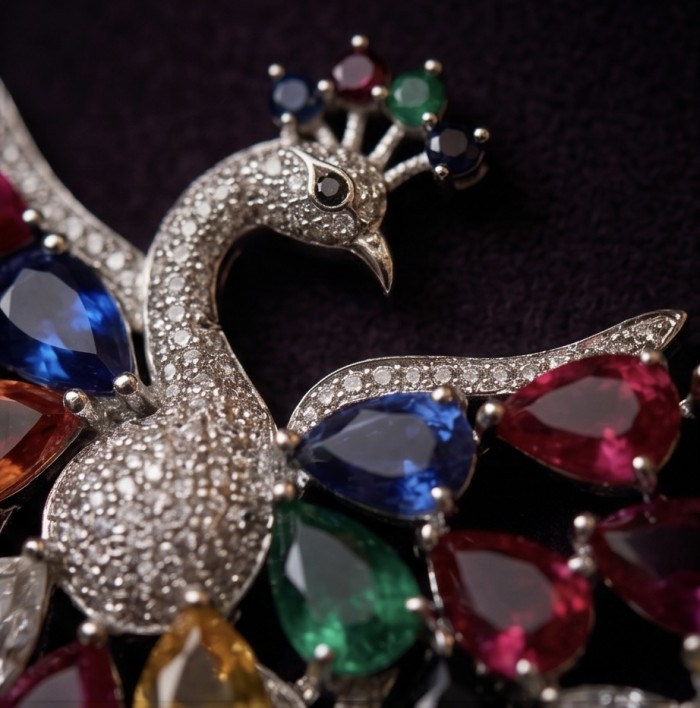 55.2 carat Graceful Swan Natural multicolor Topaz .925 Sterling Silver handcrafted Statement necklace - Close-up of Graceful Swan multicolor topaz and diamond detail.