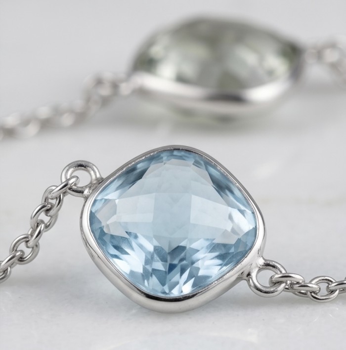 Infinity 8.5 carat Authentic Multigems Rhodium over .925 Sterling Silver handcrafted Statement necklace - Close-up of blue gemstone pendant on chain