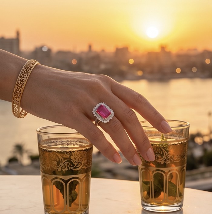 Stella 9.8 carat Brazilian Pink Topaz .925 Sterling Silver Handcrafted Statement Ring size 8 - Hand wearing Stella ring with pink topaz, next to tea glasses at sunset.