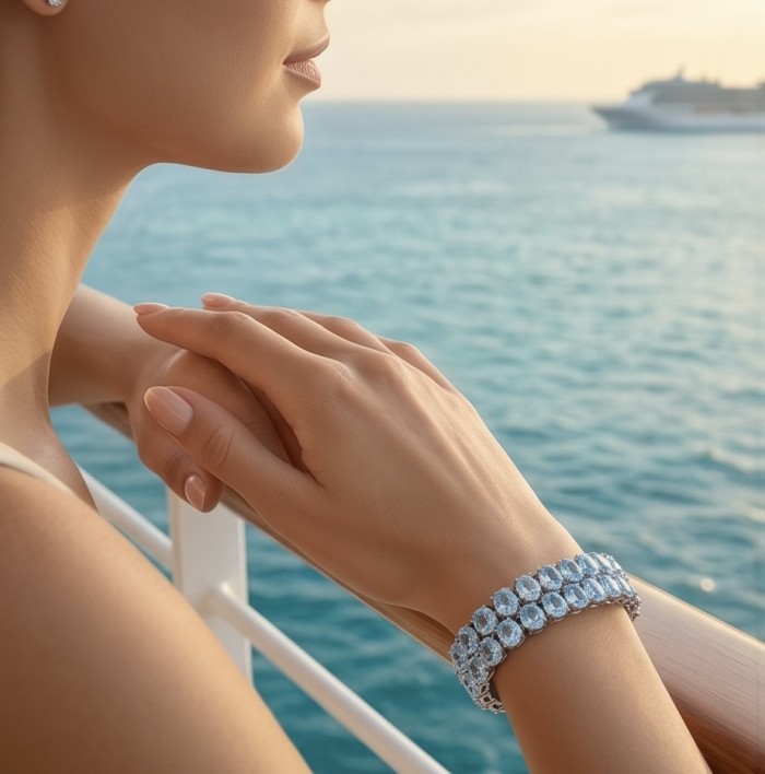 Tiffany - Magnificent 112.5 carat Swiss Blue Topaz .925 Sterling Silver handcrafted Heavy Bracelet - Bracelet worn on wrist by the sea, with blue topaz stones.