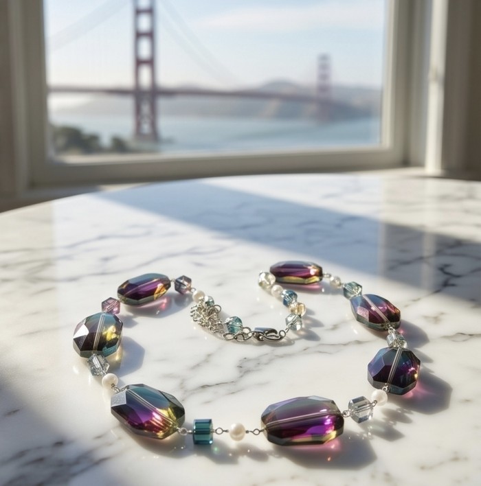 Bohemian Style Genuine Titanium Aura Quartz .925 Sterling Silver handmade necklace - Necklace with titanium aura quartz on marble with bridge view in background