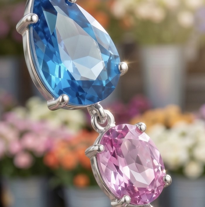Exquisite 24.7 carat Swiss Blue Topaz rhodium over .925 Sterling Silver Handcrafted Statement earrings - Close-up of blue topaz and pink stone in silver setting.