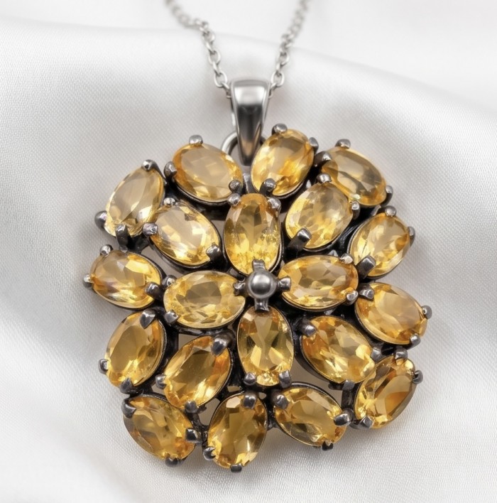 Valentina - Vintage Design Genuine 18.5 carat Citrine .925 Sterling Silver dipped in black rhodium handmade Pendant - Citrine pendant close-up on fabric, Valentina, vintage design, 18.5 carat.