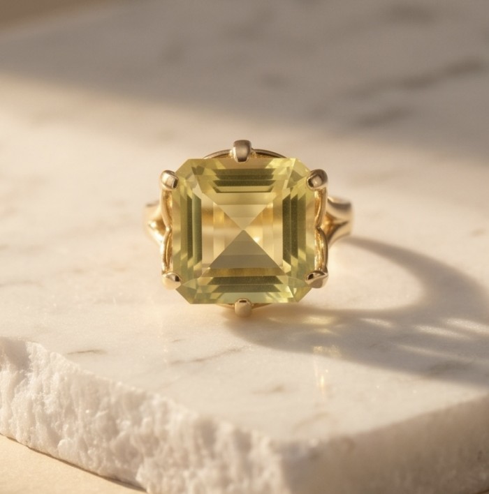 Authentic princess cut 10.8 carat Lemon Quartz 22K Gold over .925 Sterling Silver handmade Ring s. 7 - Princess cut Lemon Quartz ring close-up on marble surface