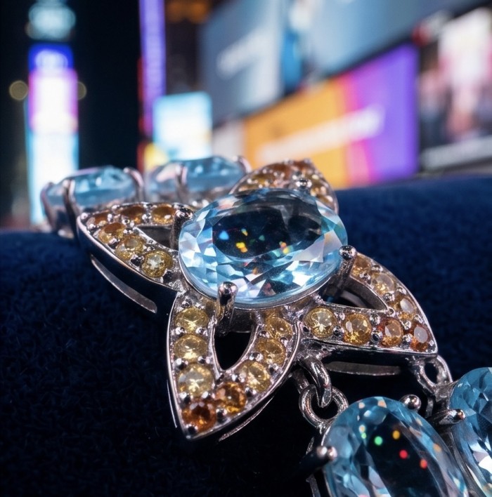 Tiffany - Magnificent 52.5 carat Swiss Blue Topaz .925 Sterling Silver handcrafted Statement Bracelet - Close-up of Swiss Blue Topaz jewelry with colorful backdrop.
