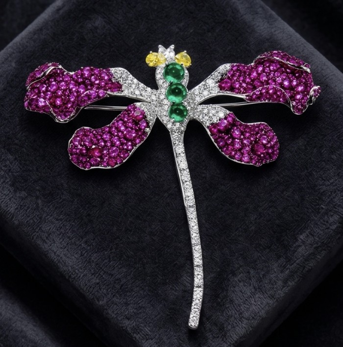 Precious Dragonfly 9.2 carat pave Mozambique Ruby rhodium over .925 Sterling Silver handcrafted Brooch - Dragonfly brooch with rubies in top-down view on black background