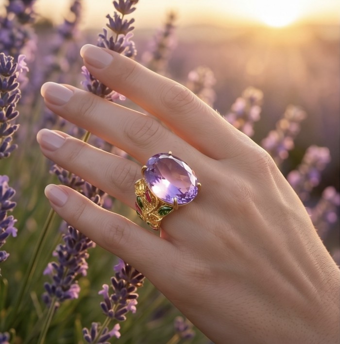 Peace 17.5 carat fancy Rose cut natural Amethyst 22K Gold over .925 Sterling Silver Handcrafted Ring size 6 1/4 - Amethyst ring worn on hand amidst lavender flowers at sunset.