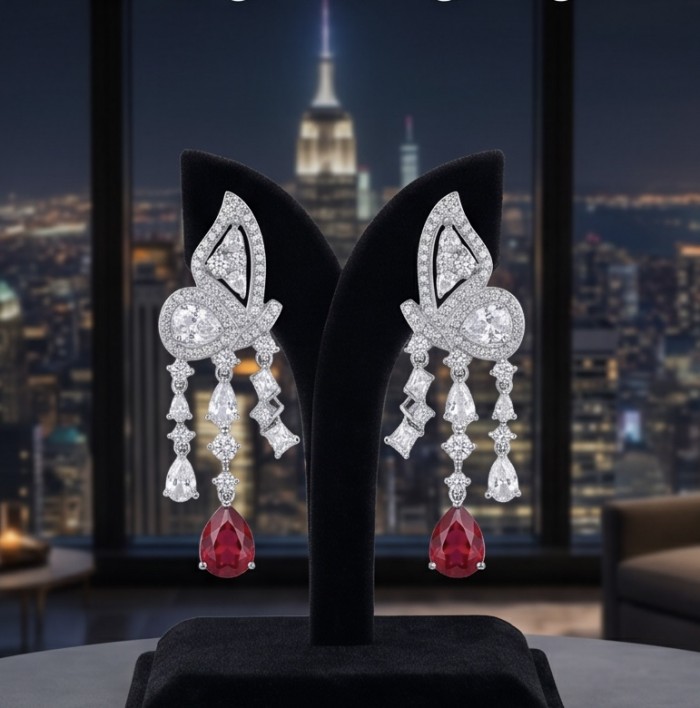 Giovanna - Magnificent Jewel 4.5 carat Ruby .925 Sterling Silver handcrafted incredible earrings - Front view of Giovanna earrings with rubies and sterling silver.
