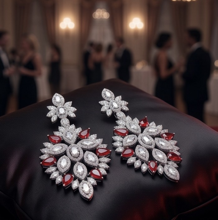 Isabella - Beauty of Nature- natural 27.5 carat Ruby Rhodium over .925 Sterling Silver handmade Statement earrings - Elegant ruby rhodium earrings on display with blurred ballroom background