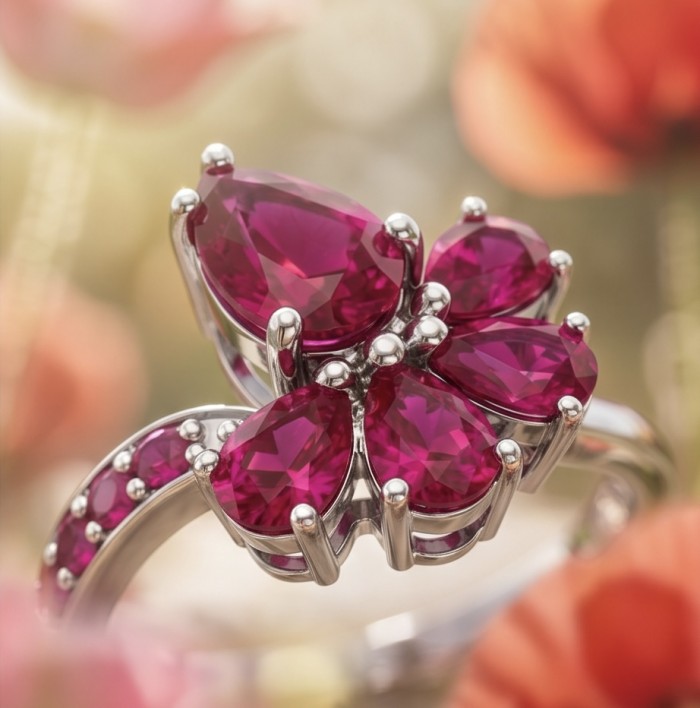 My Sweet Heart Natural 4.8 carat Mozambique Ruby .925 Sterling Silver Handcrafted Cocktail Ring s. 8 - Close-up of Art Deco ring with Mozambique rubies in floral design.