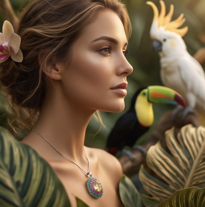 Fine Art - Exotica 44.5 carat Brazilian Citrine .925 Sterling Silver dipped in Rhodium handmade Pendant - Side view wearing Exotica 44.5 ct Brazilian Citrine necklace with birds.
