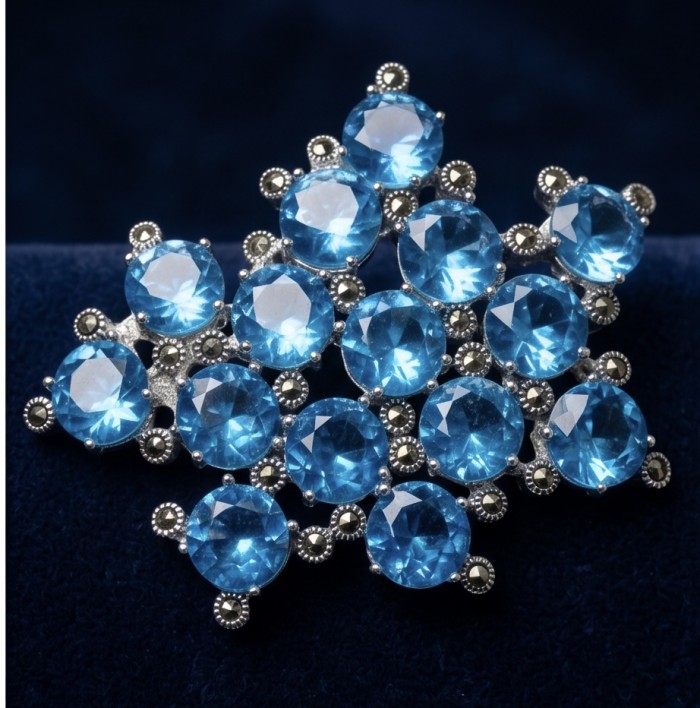Blue Sky Authentic 45.5 carat Swiss Blue Topaz .925 Sterling Silver DIPPED IN RHODIUM handmade LARGE Pendant - Brooch - Close-up of Swiss Blue Topaz gemstone cluster on sterling silver.