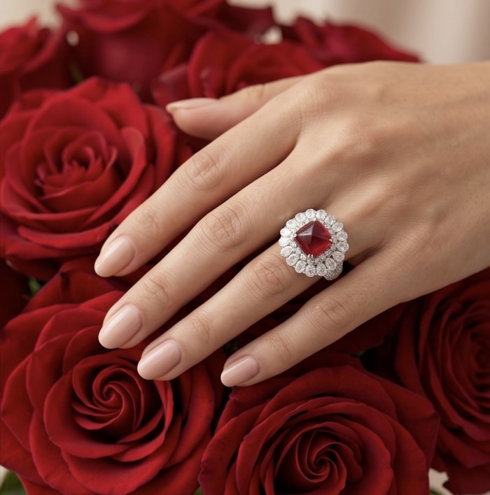 Elizabeth fancy cut 4.8 carat Mozambique Ruby 8.3 carat Moissanite .925 Sterling Silver dipped in Rhodium handcrafted Ring size 8 1/4 - Hand wearing Elizabeth 4.8 ct Mozambique Ruby ring with red roses.