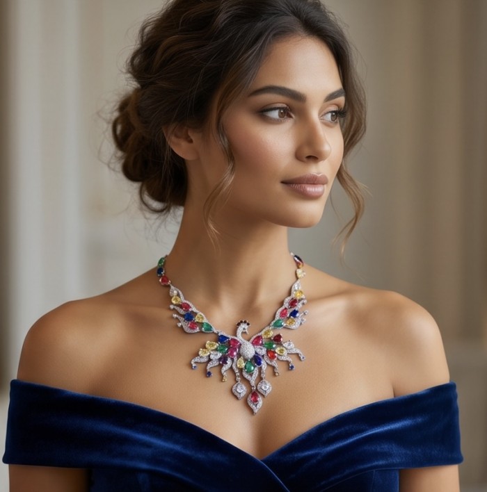 55.2 carat Graceful Swan Natural multicolot Topaz .925 Sterling Silver handcrafted Statement necklace - Woman wearing Graceful Swan Topaz necklace, side view, off-shoulder dress.