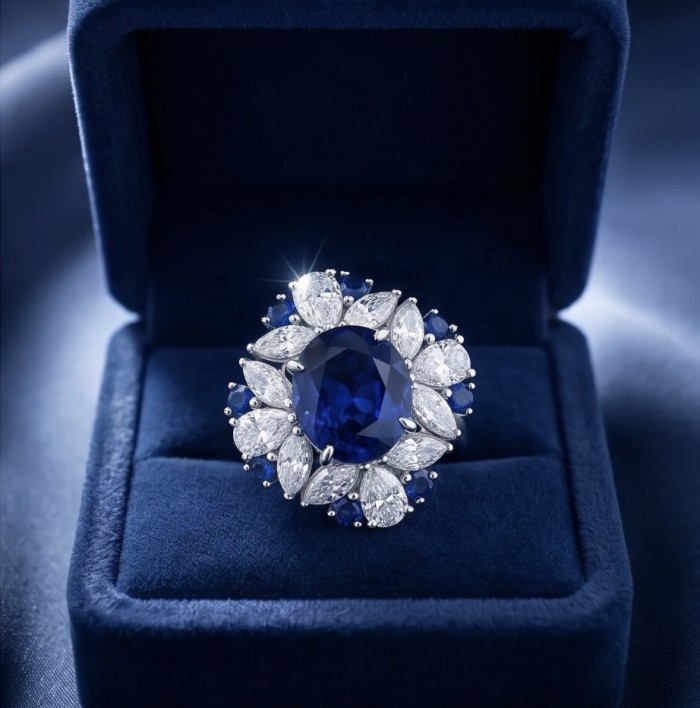Julietta 20.5 carat Sapphire .925 Sterling Silver handmade Statement ring size 7 1/4 - Close-up of Julietta Sapphire ring in a velvet box