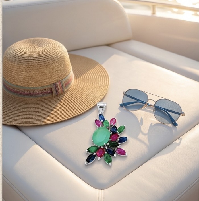 Charming Beauty 18.4 ctw Ruby Emerald Sapphire .925 Sterling Silver handcrafted Statement pendant - Elegant pendant on seat with hat and sunglasses, top view