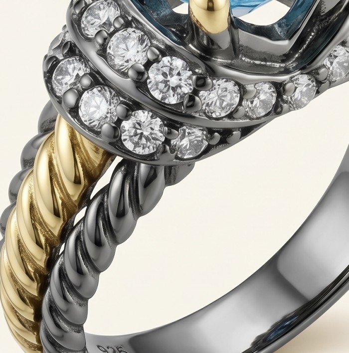 Nautilus 4.8 carat London Blue Topaz black rhodium 18K Gold over .925 Sterling Silver handcrafted Ring size 7 1/2 - Side view of Nautilus ring with diamonds and gold braid detail.