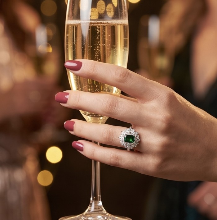 Giovanna - Authentic 4.4 carat COLOMBIAN EMERALD .925 Sterling Silver dipped in rhodium handcrafted Statement Ring size 8 - Emerald ring worn on hand holding a champagne glass