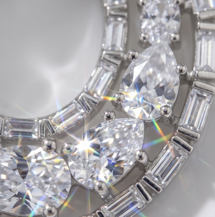 Elizabeth Natural 5.2 carat Moissanite .925 Sterling Silver handcrafted earrings - Close-up of Elizabeth Moissanite stones in sterling silver setting.
