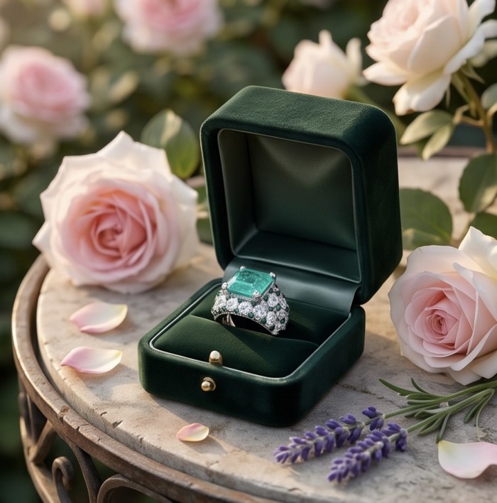 Scarlett 39.7 ctw Colombian Emerald .925 Sterling Silver dipped in 18K WHITE Gold handcrafted Statement Ring size 8 1/4 - Emerald ring in box amidst roses and petals, outdoor setting.