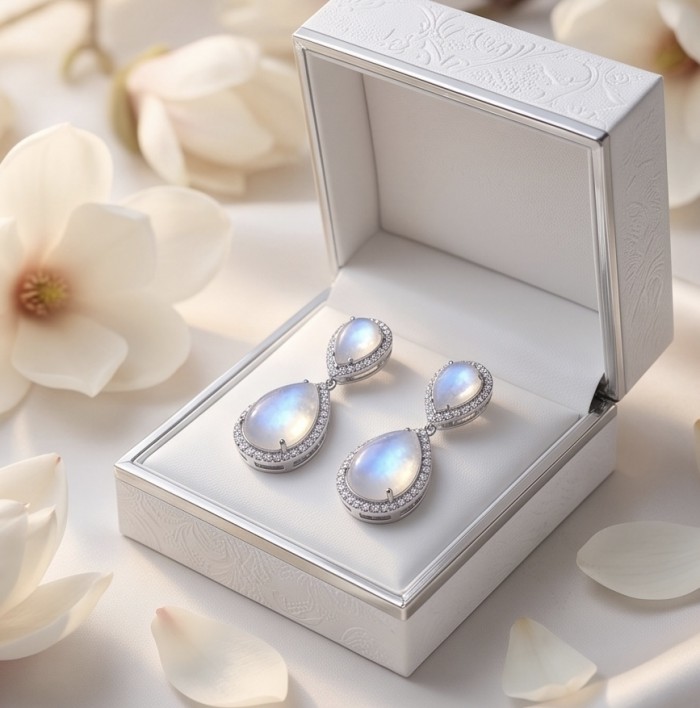 Cascades OF LIGHT Genuine 12.2 carat Fire Moonstone rhodium over .925 Silver handcrafted earrings - photo 2