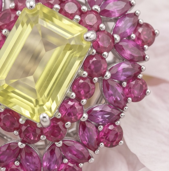 Francesca Authentic 15.5 carat Brazilian Citrine Mozambique Ruby .925 Sterling Silver brilliantly handcrafted Statement earrings - Stone close-up of yellow citrine with pink gemstone accents