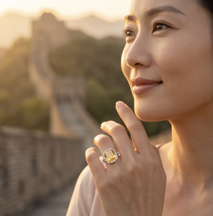 Vivien - Natural 22. 2 carat Citrine .925 Sterling Silver dipped rhodium handcrafted Statement ring; s. 8 - Citrine ring on hand with Great Wall backdrop, side view close-up.