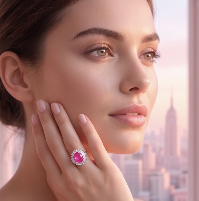 Stella 9.8 carat Brazilian Pink Topaz .925 Sterling Silver Handcrafted Statement Ring size 8 - Woman's hand wearing Stella pink topaz ring, close-up profile view.