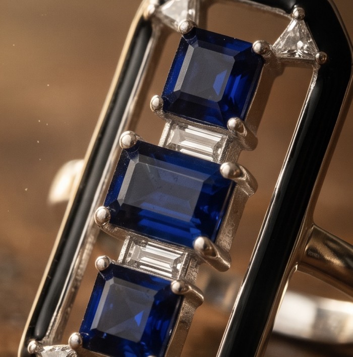 Art Deco 6.2 carat Sapphire black enamel .925 Sterling Silver handcrafted Ring size 7 - Close-up of Art Deco Sapphire ring with black enamel and silver details