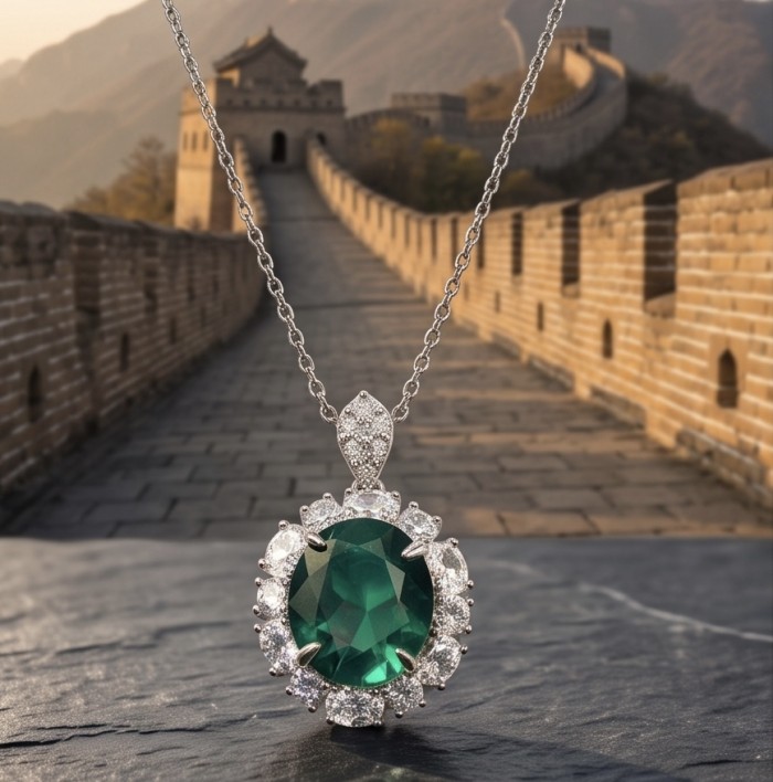 Giovanna- Authentic 11.5 CARAT natural Colombian Emerald .925 Sterling Silver handcrafted necklace - Emerald pendant close-up with Great Wall of China background