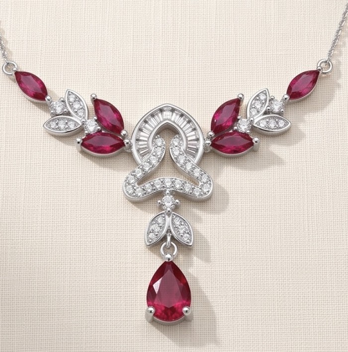 Giovanna - Magnificent Jewel 7.8 carat Ruby .925 Sterling Silver handcrafted incredible Statement Necklace - Close-up of ruby necklace with sterling silver and diamond accents.