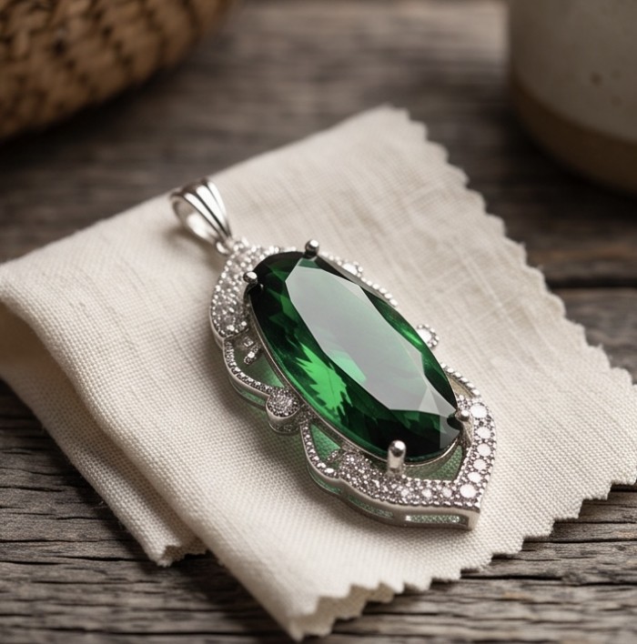 Spectacular Oval Cut 28.5 carat Natural Helenite .925 Sterling Silver handcrafted Pendant - Oval cut Helenite pendant on a cloth, front view.