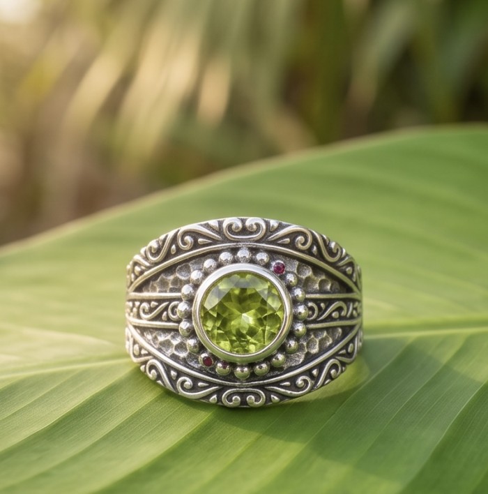 Garden 3.9 carat authentic Himalayan Peridot .925 Sterling Silver Handcrafted Statement Ring size 8 - Close-up of Garden 3.9 carat Himalayan Peridot ring on a leaf.