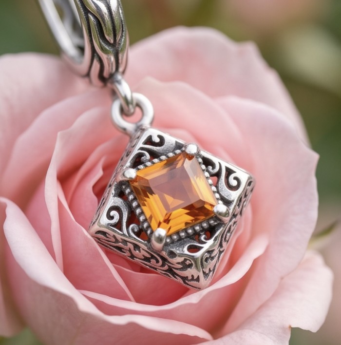 Valentina 2.5 carat Padparadscha Orange Sapphire .925 Sterling Silver handcrafted earrings - Close-up of Valentina 2.5 carat orange sapphire pendant on pink rose.