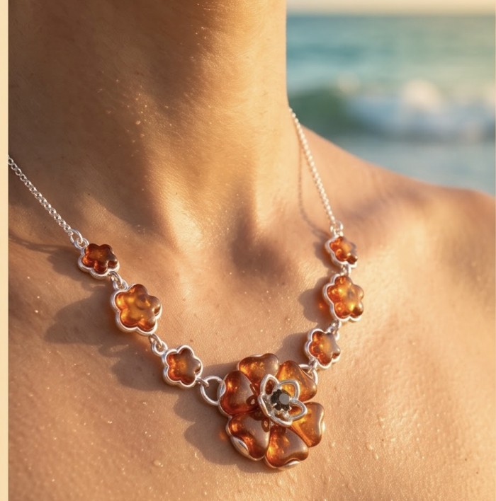 Floral design - natural Golden carved Baltic Amber .925 Sterling Silver handcrafted necklace - Amber flower necklace close-up, worn at the beach, front view.