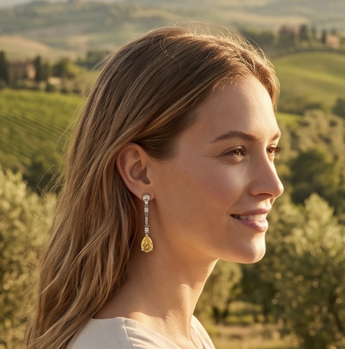 Luxurious pear cut 8.5 carat Yellow Sapphire rhodium over .925 Sterling Silver handcrafted earrings - Side view of woman wearing 8.5 carat yellow sapphire earrings.