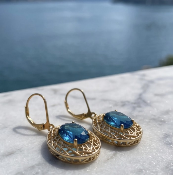 Andrea 8.5 carat Aquamarine .925 Sterling Silver dippedin 18K Gold handmade earrings - Close-up of Andrea aquamarine earrings on marble surface by water.